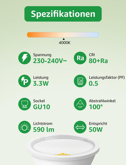 Lepro Energieklasse A GU10 LED Neutralwei? Lampe, 3.3W 4000K 590lm, Nicht Dimmbar Leuchtmittel, Energiesparendes GU 10 LED Spot, 100¡ã Abstrahlwinkel f¨¹r K¨¹che, Badezimmer, Arbeitsfl?che,10 Stuck