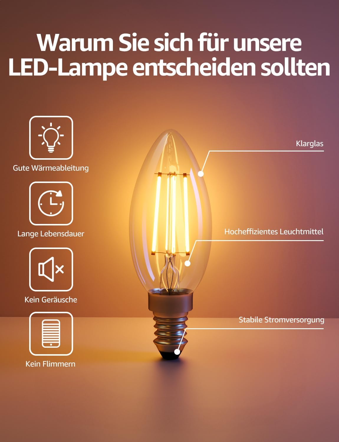 Lepro Energieklasse A E14 LED warmweiss Lampe 2.2W 470 Lumen C35 2700K Warmwei? LED Gl¨¹hbirne, entspricht 40W Gl¨¹hlampe, 300¡ã Abstrahlwinkel Nicht Dimmbar Energiesparlampe, 4er-Pack