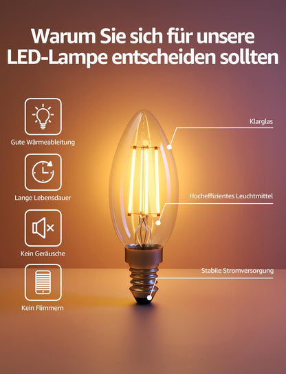 Lepro Energieklasse A E14 LED warmweiss Lampe 2.2W 470 Lumen C35 2700K Warmwei? LED Gl¨¹hbirne, entspricht 40W Gl¨¹hlampe, 300¡ã Abstrahlwinkel Nicht Dimmbar Energiesparlampe, 2er-Pack