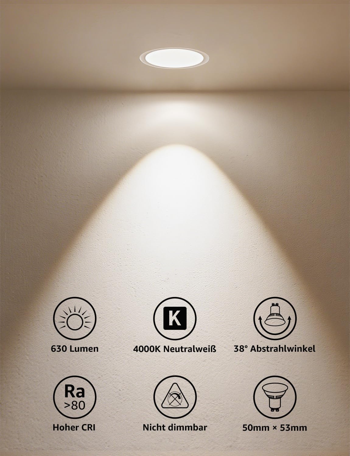 Lepro GU10 LED Neutralweiß 6W Lampe, 4000K Neutralweiß, 630 Lumen, 38° Abstrahlwinkel, Nicht dimmbar Reflektorlampe, Energiesparendes GU10 LED Leuchtmittel für Büro, Küche, Flur, 8 Stück
