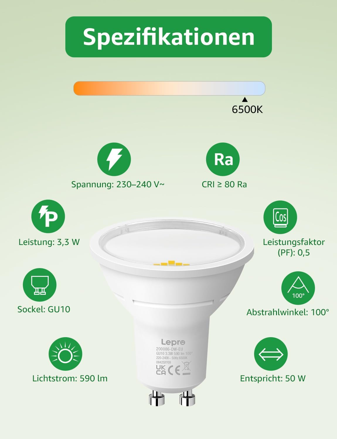 Lepro Energieklasse A GU10 LED Kaltwei? 3.3W Lampe, 590 lm, 6500K Tageslichtwei?, Nicht Dimmbar, Energiesparendes GU 10 LED Spot, 100¡ã Abstrahlwinkel f¨¹r B¨¹ro, Keller, Garage, Flur, 5 St¨¹ck