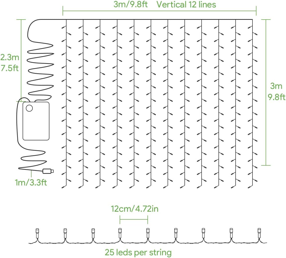 LE Lichtervorhang 3 * 3m, USB Lichterketten Vorhang 300 LEDs Warmwei?, 8 Modi Dimmbare Kupferdraht, Lichterkette Batterie f¨¹r Au?en Innen Deko Schlafzimmer, Partydekoration, Weihnachten, Hochzeit