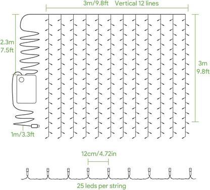 LE Lichtervorhang 3 * 3m, USB Lichterketten Vorhang 300 LEDs Warmwei?, 8 Modi Dimmbare Kupferdraht, Lichterkette Batterie f¨¹r Au?en Innen Deko Schlafzimmer, Partydekoration, Weihnachten, Hochzeit