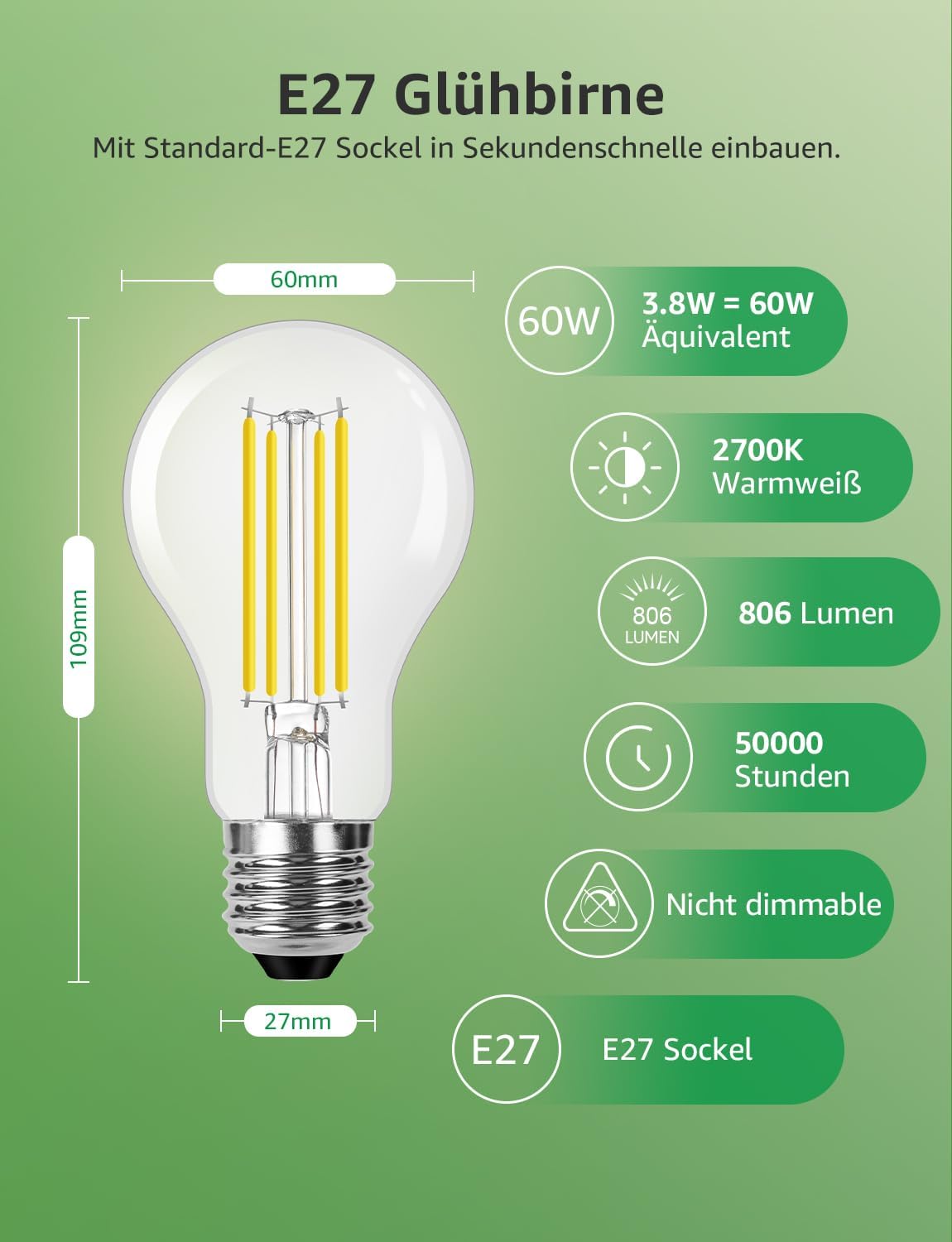 Lepro Energieklasse A E27 LED Warmweiss, 3.8W 806 Lumen Glühbirne E27, Nicht Dimmbar, A60 Led Birne, 2700 Kelvin Warmweiß, 300° Abstrahlwinkel Energiesparlampe, ersetzt 60W Leuchtmittel, 4 Stück