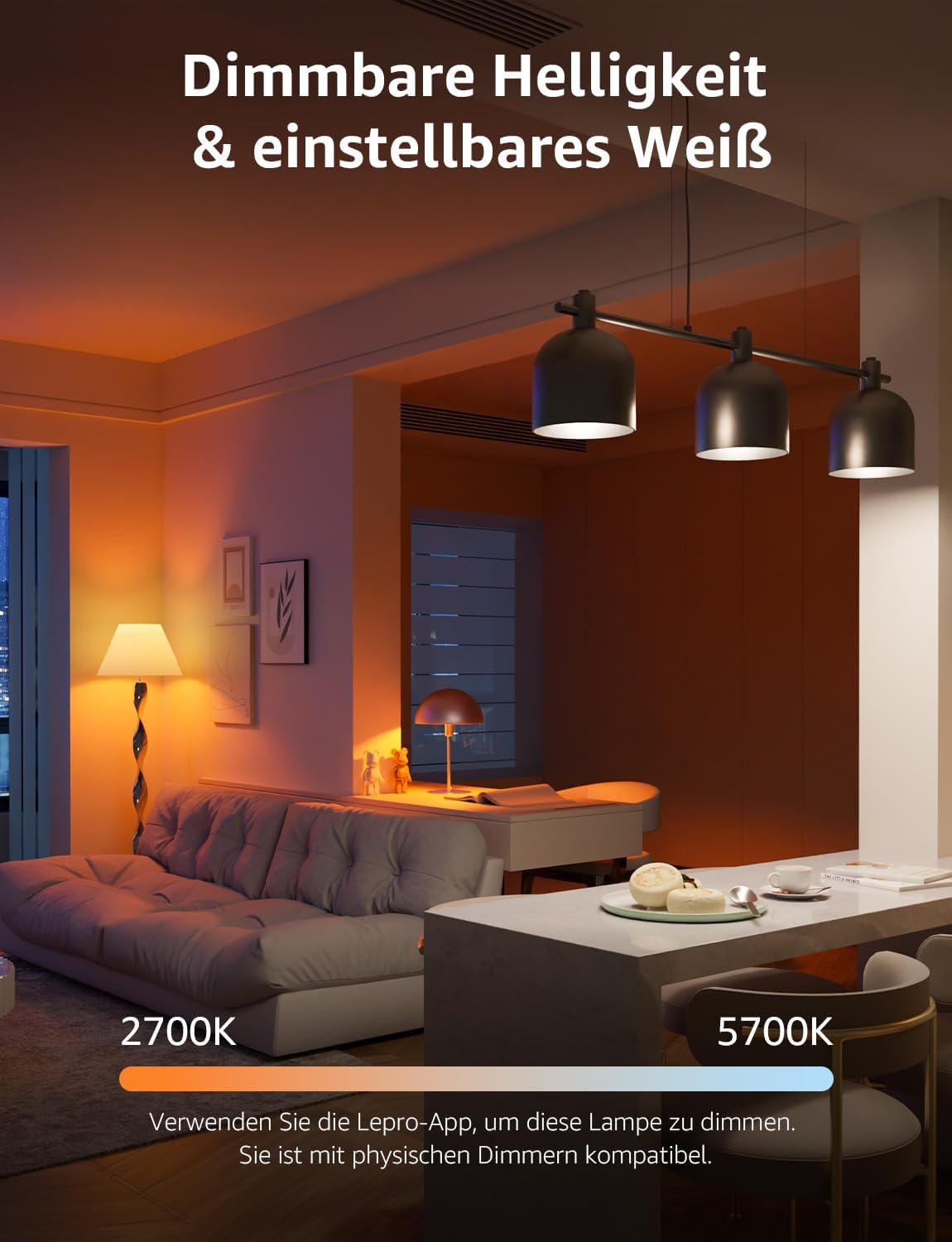 Lepro Al Smart Glühbirne B3, E27 WLAN/Bluetooth Smart Bulb 1521lm Dimmbar, Foto-zu-Licht, Personalisierter KI-Lichtdesigner, Sprachsteuerung/Musik Sync, Kompatibel mit Alexa/Google Assistant, 2 Stück
