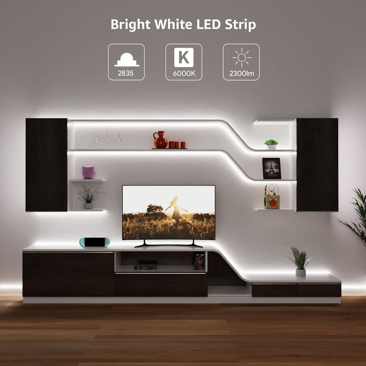 Lepro LED Strip Kaltweiß, 5M LED Streifen 12V Selbstklebend, LED Band mit 300 Stück 2835 LEDs, 6000K 2300 Lumen Weiß Dimmbar Leiste, Kaltweiss DIY Lichtband für Innen Heim Küche Deko,Kein Netzteil