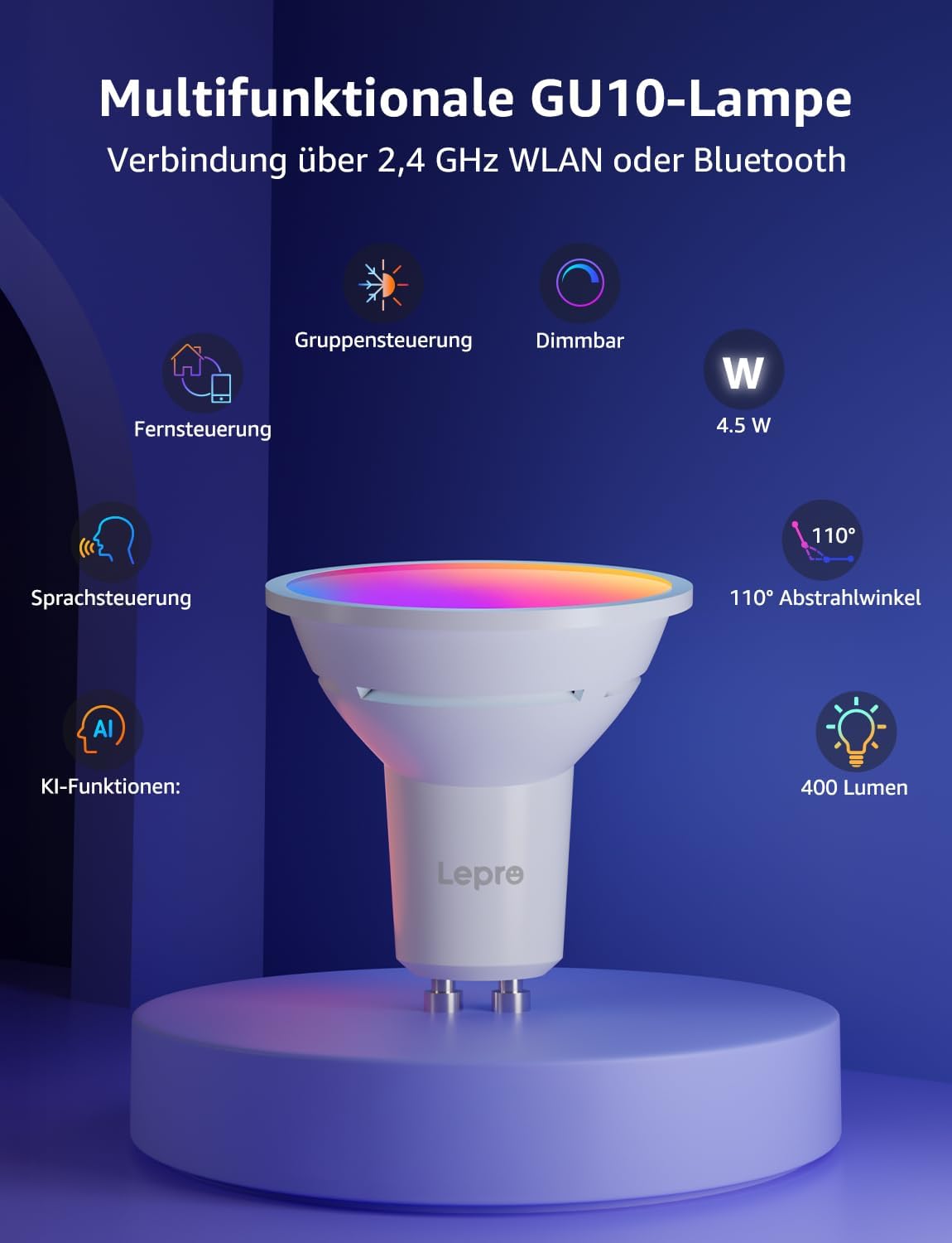 Lepro BG1 Smarte AI GU10 LED Lampe - RGBCW Farbwechsel & Dimmbar, Musik-Sync, Sprachsteuerung WLAN Alexa Gl¨¹hbirne, Kompatibel mit Alexa & Google Assistant, 2er Pack