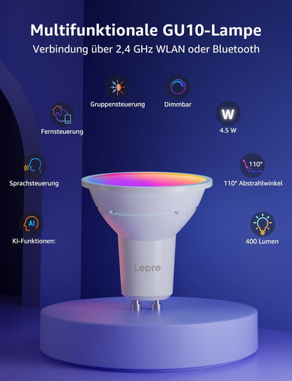 Lepro BG1 Smarte AI GU10 LED Lampe - RGBCW Farbwechsel & Dimmbar, Musik-Sync, Sprachsteuerung WLAN Alexa Gl¨¹hbirne, Kompatibel mit Alexa & Google Assistant, 2er Pack
