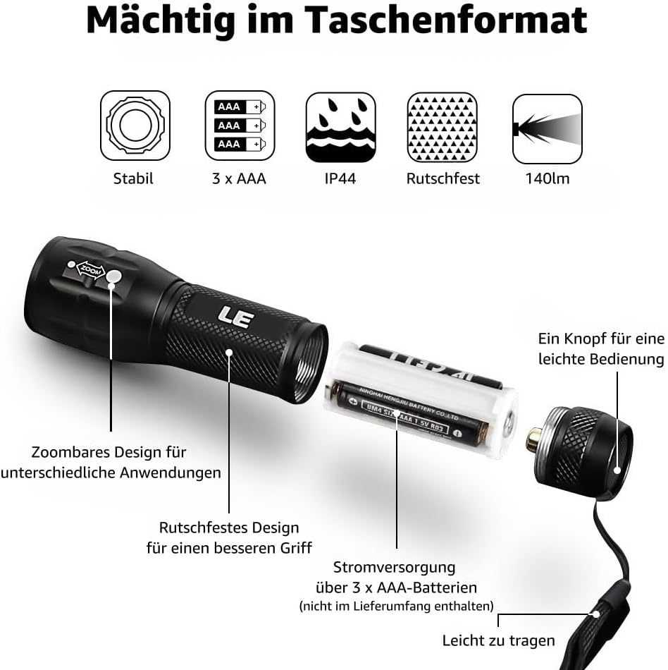 Lighting EVER LE LED Taschenlampe Klein, Extrem Hell & Zoombar Mini Taschenlampen Batteriebetrieben für Kinder, Wasserdichte Handlampe für Camping, Outdoor, Notfälle (2er-Pack)