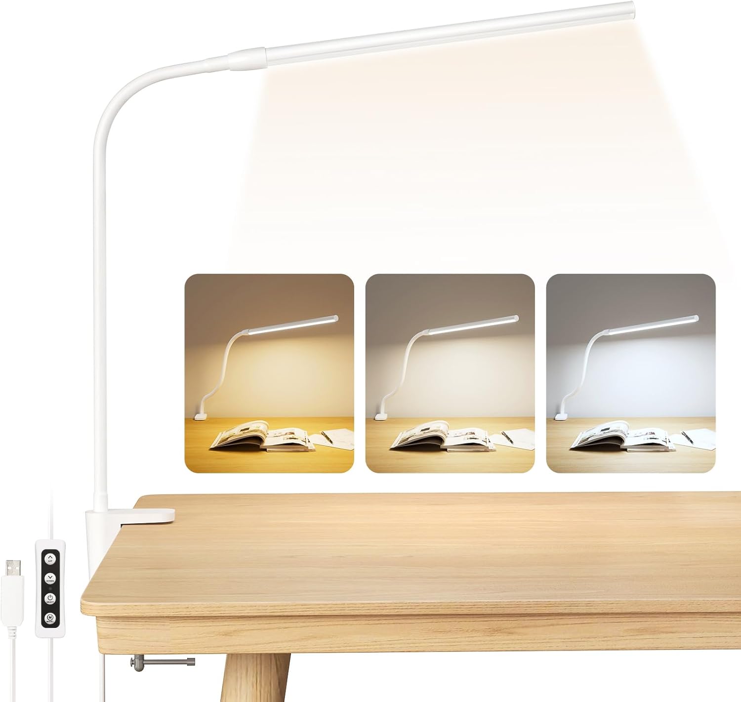 Lepro LED Schreibtischlampe Klemmbar, Tischlampe Architektenlampe mit Schwenkarm, Augenschutz Klemmleuchte USB, 3 Farben & 10 Helligkeitsstufen Dimmbar Tischleuchte für Büro, Weiß