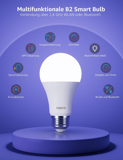 Lepro AI Smart Glühbirne B2, E27 lampe 10W 1100lm Dimmbar, Personalisierter KI-Lichtdesigner, Sprachsteuerung/Musik Sync, WiFi & Bluetooth Smart Bulb, Kompatibel mit Alexa/Google Assistant, 4 Stück