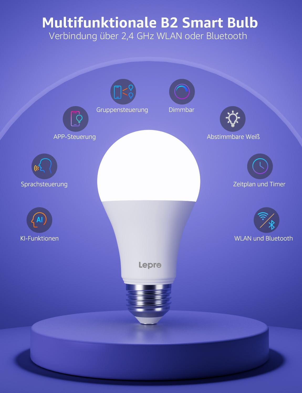 Lepro AI Smart Glühbirne B2, E27 lampe 10W 1100lm Dimmbar, Personalisierter KI-Lichtdesigner, Sprachsteuerung/Musik Sync, WiFi & Bluetooth Smart Bulb, Kompatibel mit Alexa/Google Assistant, 2 Stück