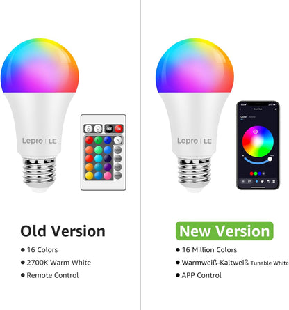 Lepro 9W E27 LED Lampe, Bluetooth APP-Steuerung Dimmbar RGBCW Birne, RGB & Warmwei?, 16 Farben, entspricht 60 W, 2700K bis Kaltwei? Kelvin LED Leuchtmittel [Energieklasse F]