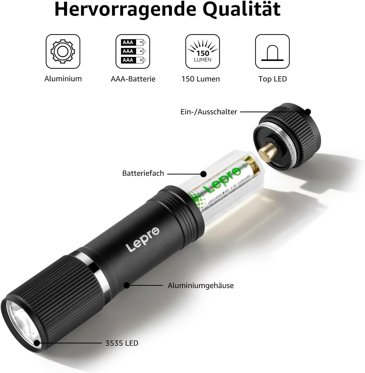 Lepro LED Taschenlampe Klein, Hell Mini Taschenlampe Batteriebetrieben, Robustes Aluminium Geh?use, IPX4 Wasserdicht, Ideal f¨¹r Camping, Notfall, Wandern & Kinder (Inkl. Batterien)