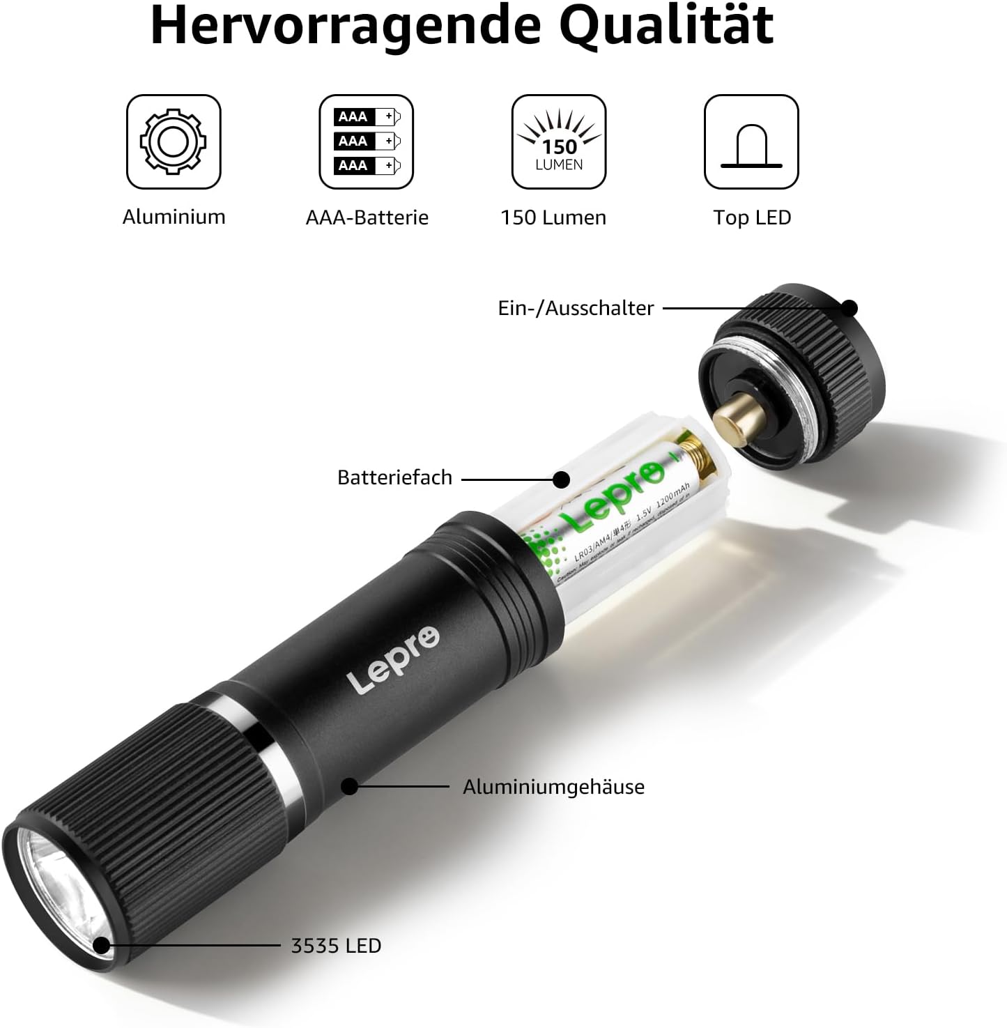 Lepro LED Taschenlampe Klein 2er-Pack, Hell Mini Taschenlampe Batteriebetrieben, Robustes Aluminium Geh?use, IPX4 Wasserdicht, Ideal f¨¹r Camping, Notfall, Wandern & Kinder (Inkl. Batterien)