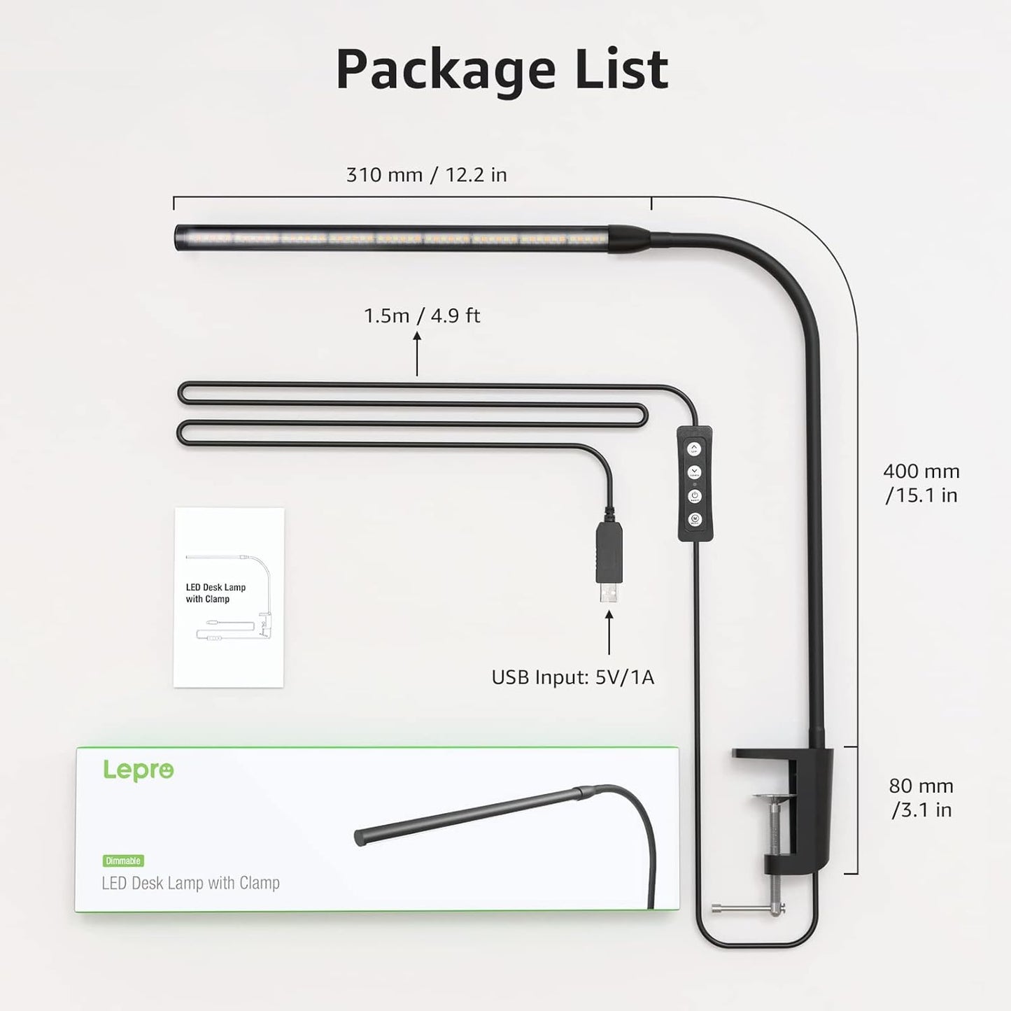 Lepro LED Schreibtischlampe Klemmbar, Tischlampe Architektenlampe mit Schwenkarm, Augenschutz Klemmleuchte USB, 3 Farben & 10 Helligkeitsstufen Dimmbar Tischleuchte für Büro, Schwarz
