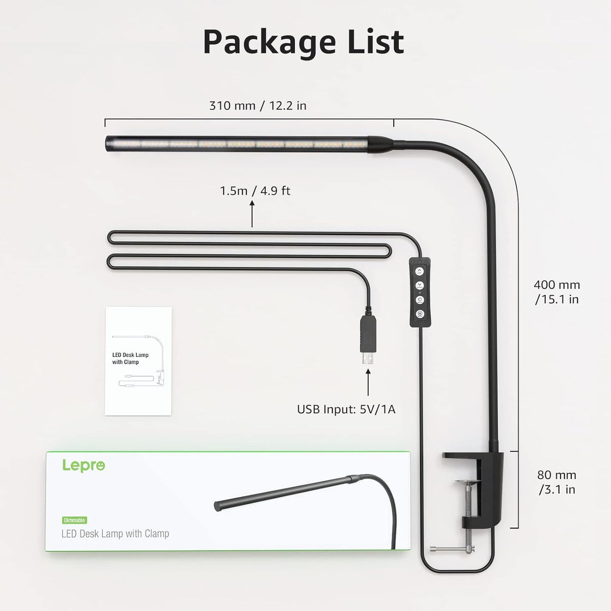 Lepro LED Schreibtischlampe Klemmbar, Tischlampe Architektenlampe mit Schwenkarm, Augenschutz Klemmleuchte USB, 3 Farben & 10 Helligkeitsstufen Dimmbar Tischleuchte für Büro, Schwarz