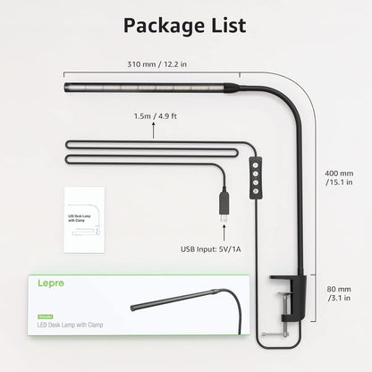 Lepro LED Schreibtischlampe Klemmbar, Tischlampe Architektenlampe mit Schwenkarm, Augenschutz Klemmleuchte USB, 3 Farben & 10 Helligkeitsstufen Dimmbar Tischleuchte für Büro, Schwarz