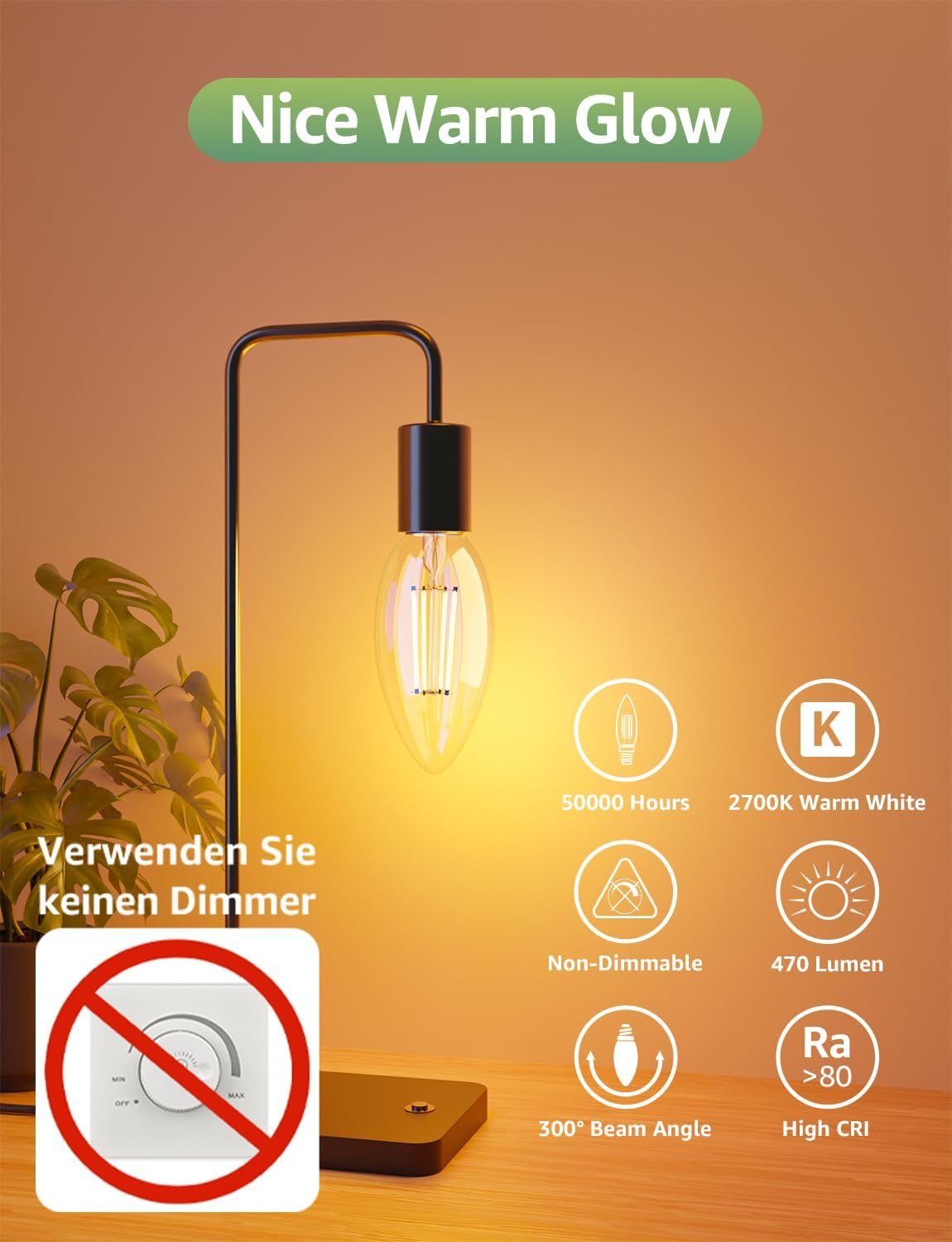 Lepro Energieklasse A E14 LED warmweiss Lampe 2.2W 470 Lumen C35 2700K Warmwei? LED Gl¨¹hbirne, entspricht 40W Gl¨¹hlampe, 300¡ã Abstrahlwinkel Nicht Dimmbar Energiesparlampe, 2er-Pack