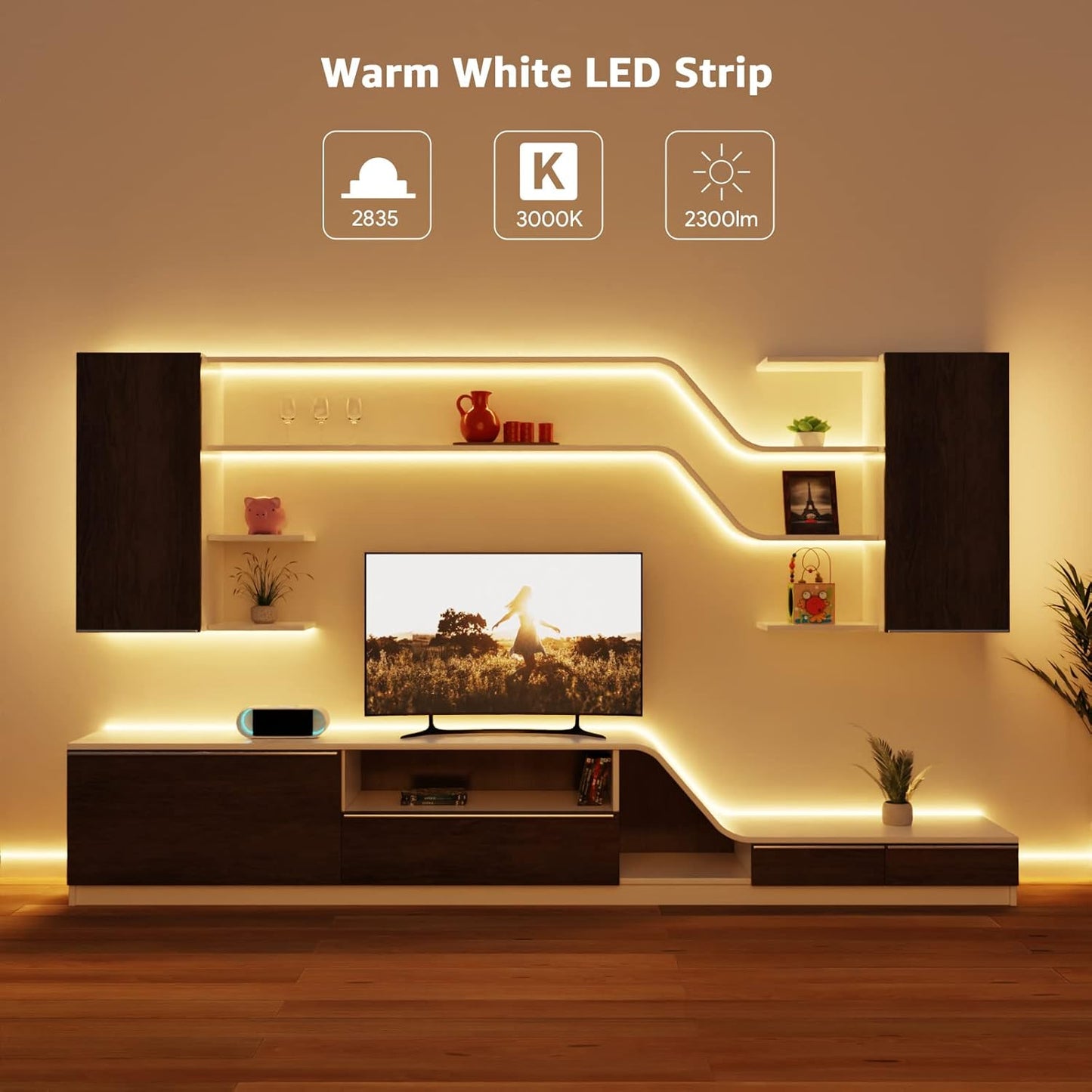 Lepro LED Strip Warmweiss, 5M LED Streifen 12V Selbstklebend, Band mit 300 Stück 2835 LEDs 2300 Lumen, 3000K Warmweiß Leiste, Weiß DIY Lichtband für Innen Heim Küche Deko, kein Netzteil