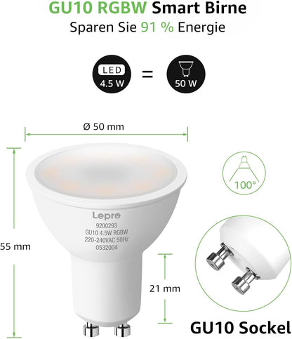 Lepro GU10 Smart Lampe RGBW, Wlan Alexa Gl¨¹hbirnen, Wifi LED Leuchtmittel, 2 Pack (4.5W = 50W, RGB und Warmwei?, Dimmbar per App oder Sprache), Kompatibel mit Alexa Echo, Google Home