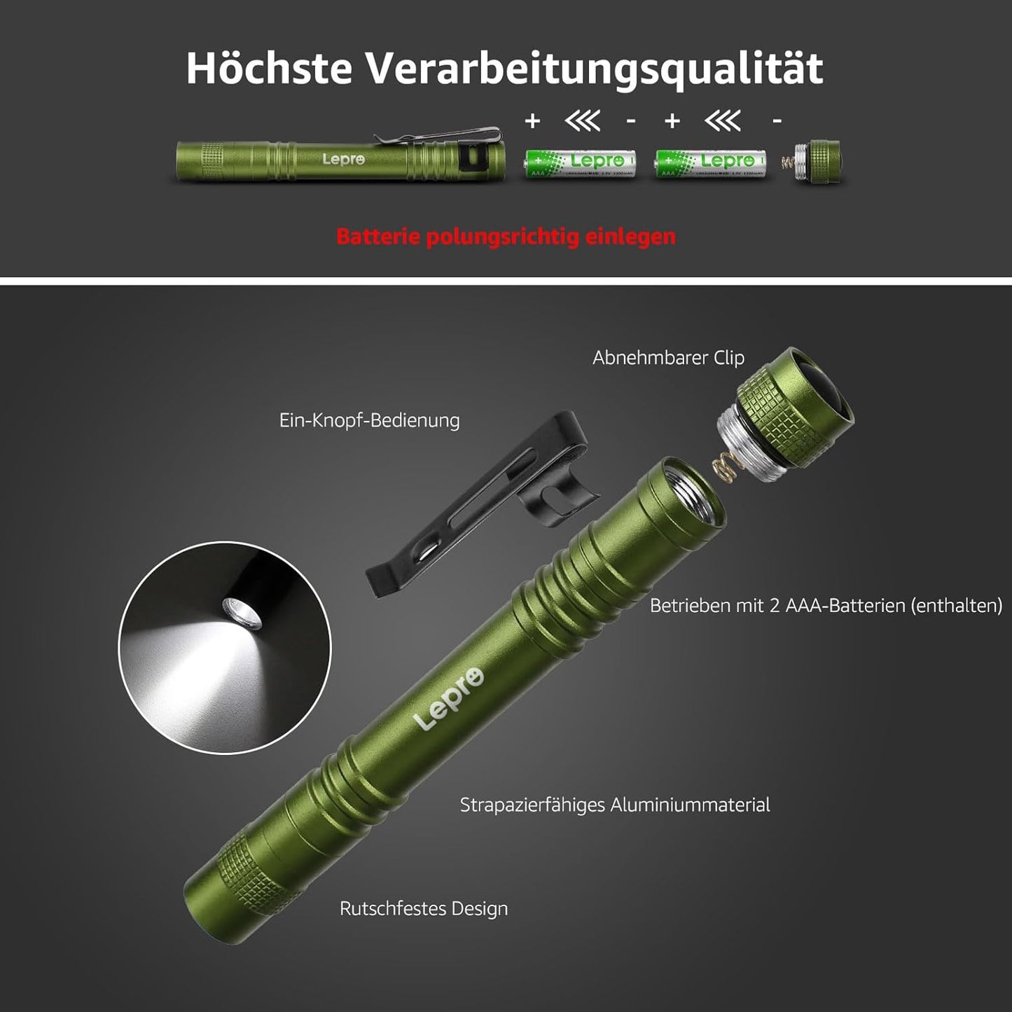 Lepro Taschenlampe, Mini LED Taschenlampe, IPX4 Wasserdicht Stiftlampe, 3 Modi Handheld Taschenlampe Klein, Stift Lampe perfekt f¨¹r Inspektion, Arbeit, Reparatur (Gr¨¹n)
