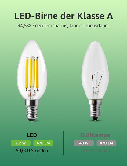 Lepro Energieklasse A E14 LED warmweiss Lampe 2.2W 470 Lumen C35 2700K Warmwei? LED Gl¨¹hbirne, entspricht 40W Gl¨¹hlampe, 300¡ã Abstrahlwinkel Nicht Dimmbar Energiesparlampe, 2er-Pack