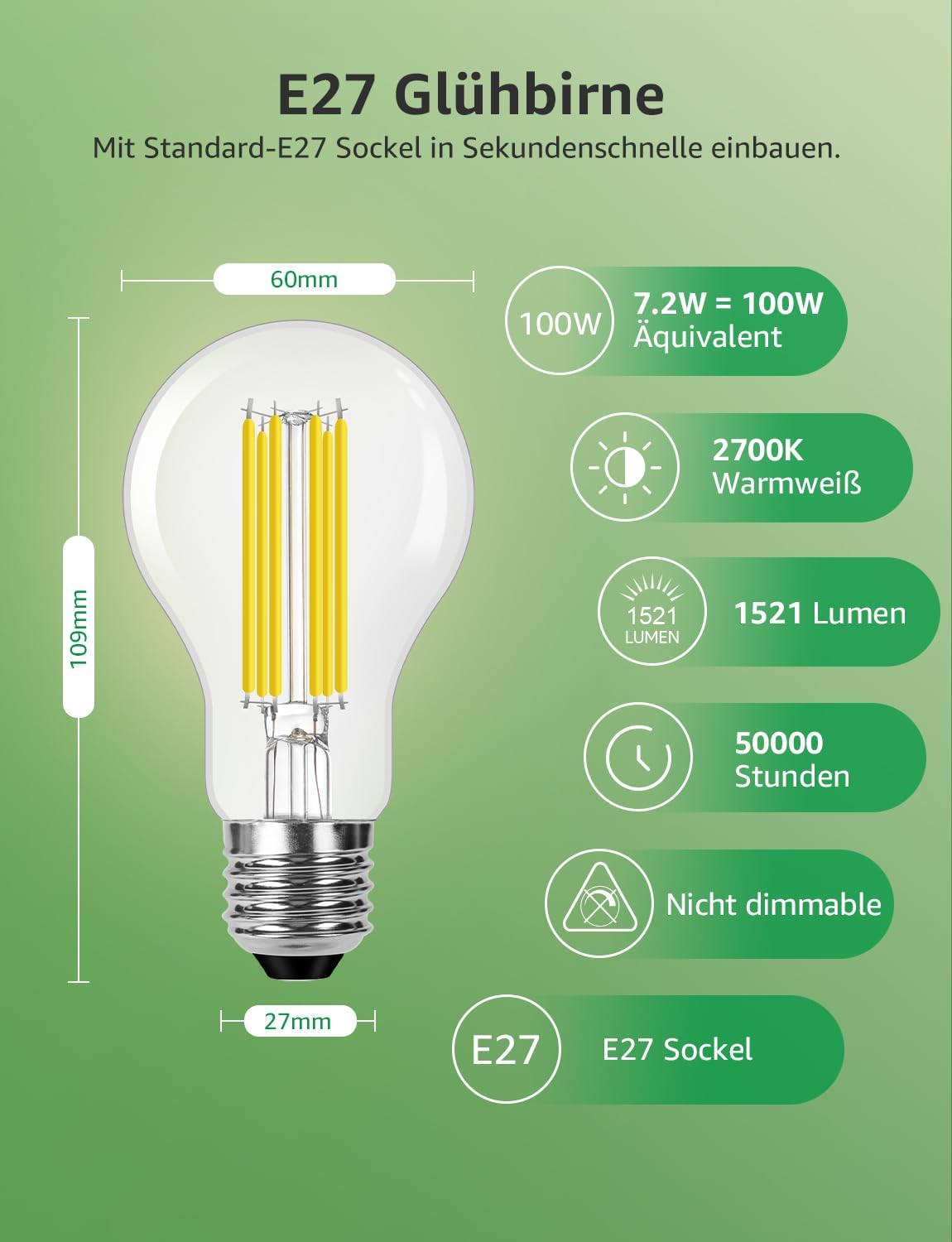 Lepro Energieklasse A E27 LED Warmweiss, 7.2W 1521 Lumen Glühbirne E27, Nicht Dimmbar, A60 Led Birne, 2700 Kelvin Warmweiß, 300° Abstrahlwinkel Energiesparlampe, ersetzt 100W Leuchtmittel, 1 Stück