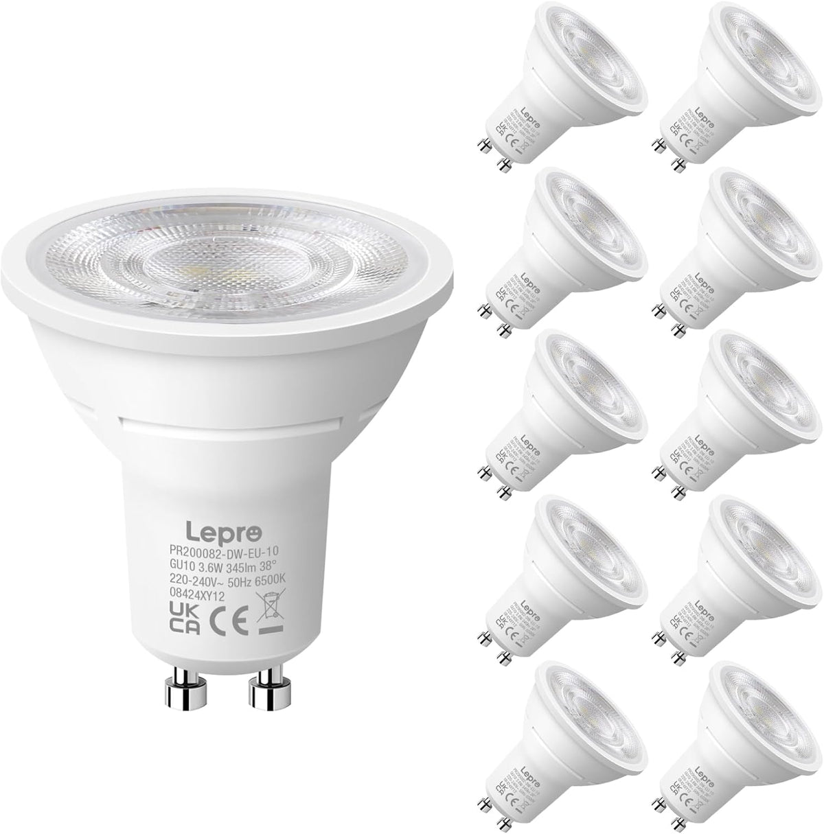 Lepro GU10 LED Kaltwei? Lampe 3.6W, 6500K, 345 Lumen, 38¡ã Spot, CRI>80, Nicht dimmbar, Energiesparend >92%, LED Reflektorlampe, Ersatz f¨¹r 50W Lampen, 10er Pack