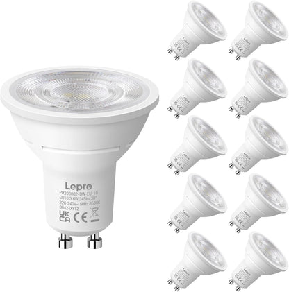 Lepro GU10 LED Kaltwei? Lampe 3.6W, 6500K, 345 Lumen, 38¡ã Spot, CRI>80, Nicht dimmbar, Energiesparend >92%, LED Reflektorlampe, Ersatz f¨¹r 50W Lampen, 10er Pack