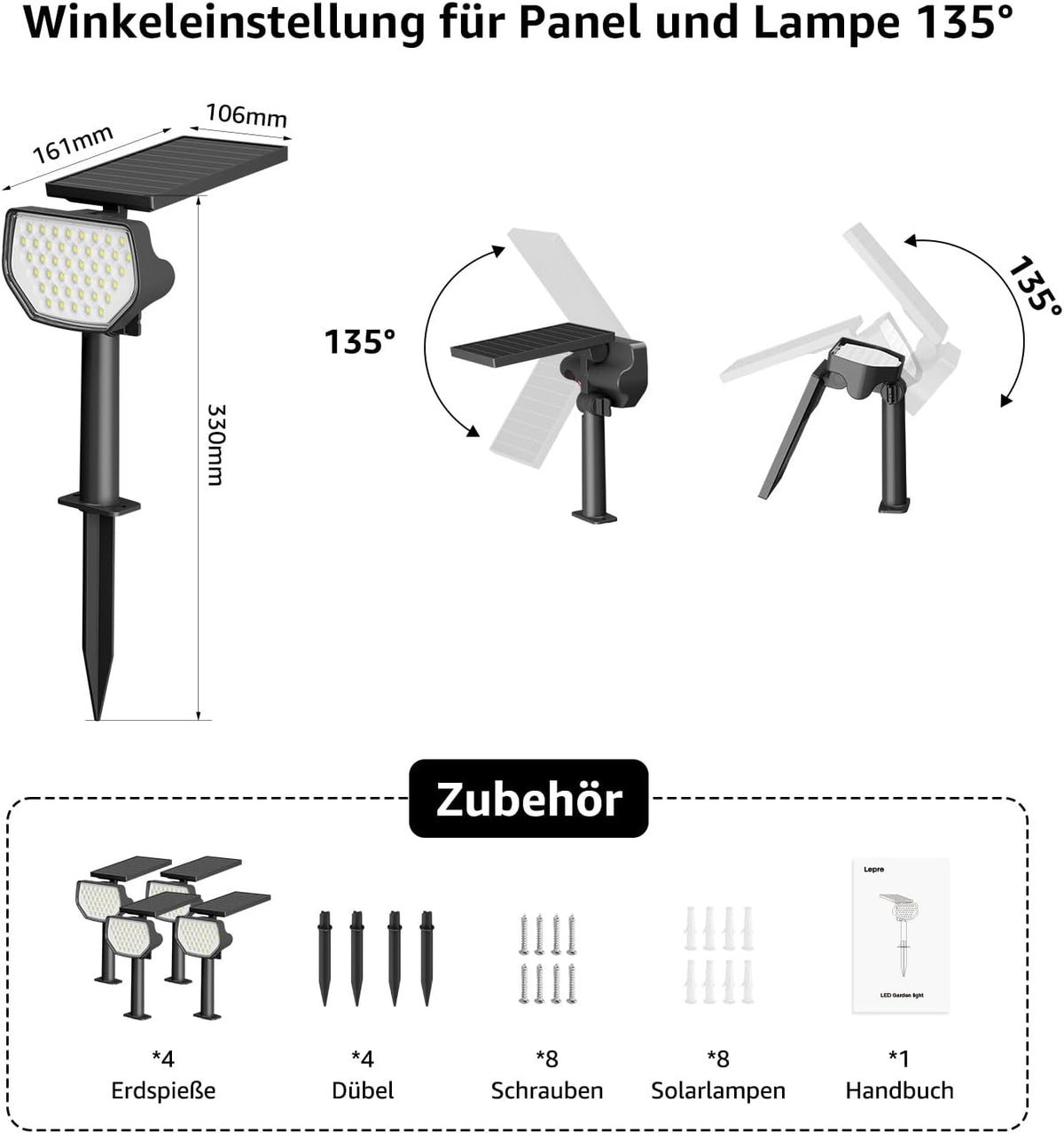 Lepro Solarlampen für Außen Garten, IP65 Solarleuchten mit Drehbaren Solar Panel, 2-in-1 Solar Strahler Außen mit 2 Beleuchtungsmodi, Solar Wegeleuchten für Gärten, Eingang, Garage, 4 Stück Warmweiß