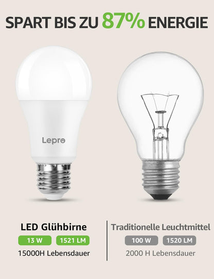 Lepro 13.5W E27 LED Warmweiss, ersetzt 100W Halogenlampe, 1521 Lumen Glühbirne E27, 2700K Warmweiß A60 LED Birne, 200° Energiesparlampe, Nicht Dimmbar, 6 Stück [Energieklasse E]