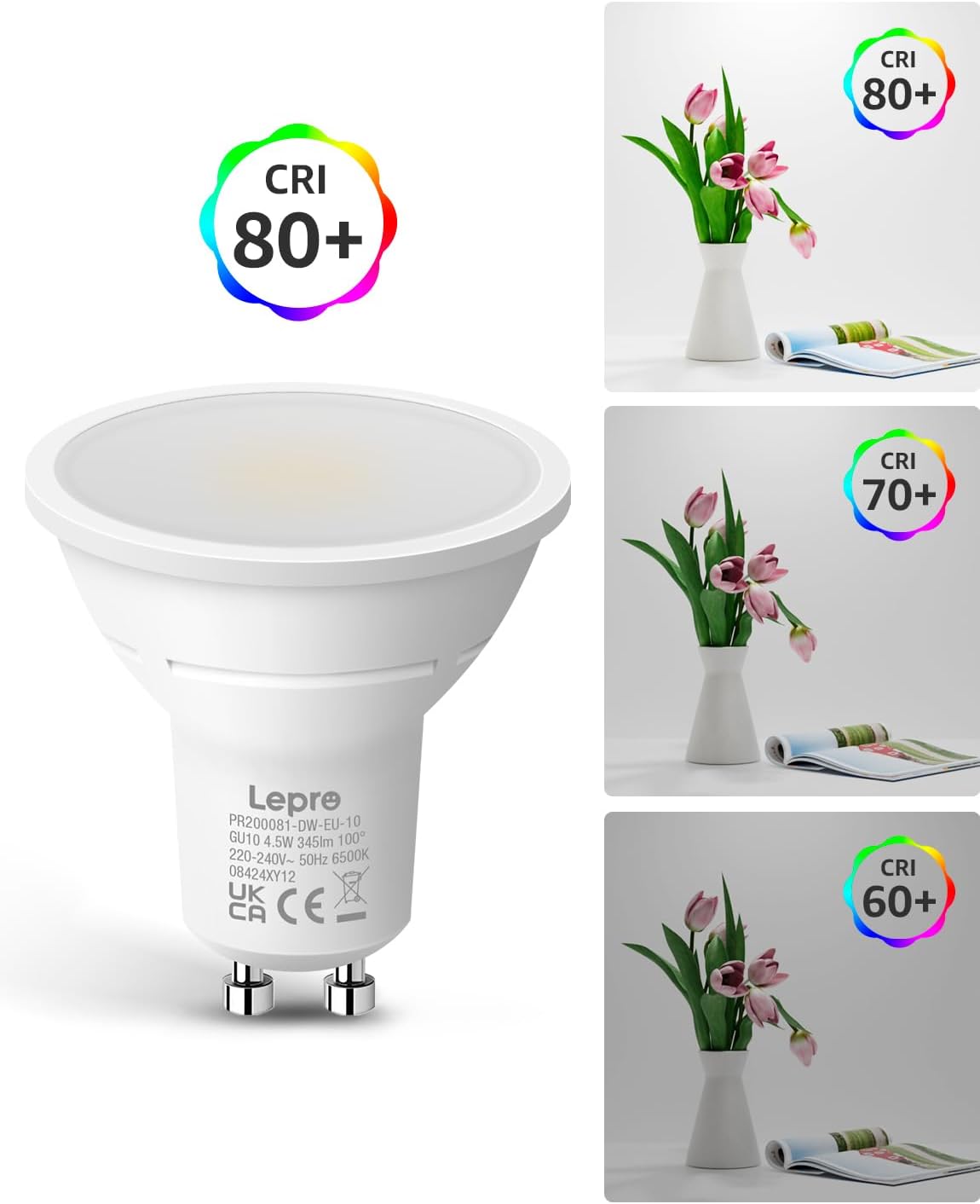 Lepro GU10 LED Kaltwei? Lampe 4.5W, 6500K, 345 Lumen, Ersetzt 50W Lampen, Nicht Dimmbar, 100¡ã Abstrahlwinkel, LED GU10 Kalweiss Reflektor Leuchtmittel, 10er Pack