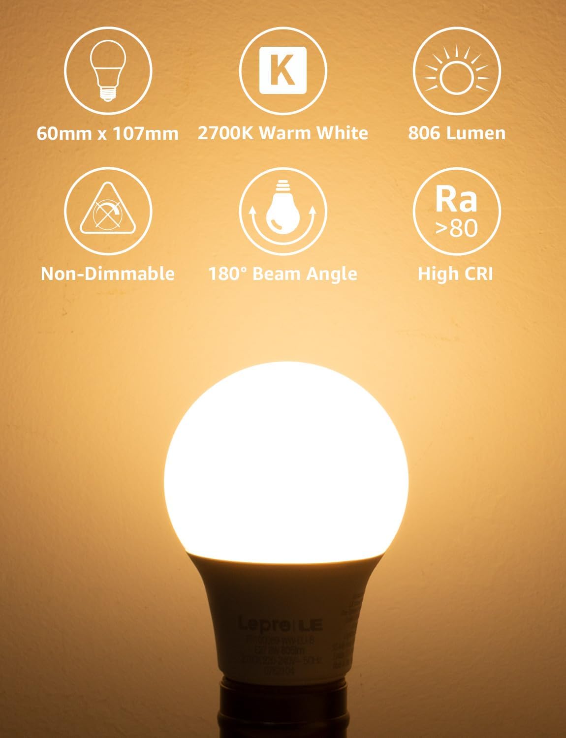 Lepro E27 LED Warmweiss Glühbirne, 8.5 Watt 806 Lumen LED Lampe E27, ersetzt 60W Halogenlampe, A60 Leuchtmittel, 2700 Kelvin Warmweiß, 160° Abstrahlwinkel Energiesparlampe, 6 Stück