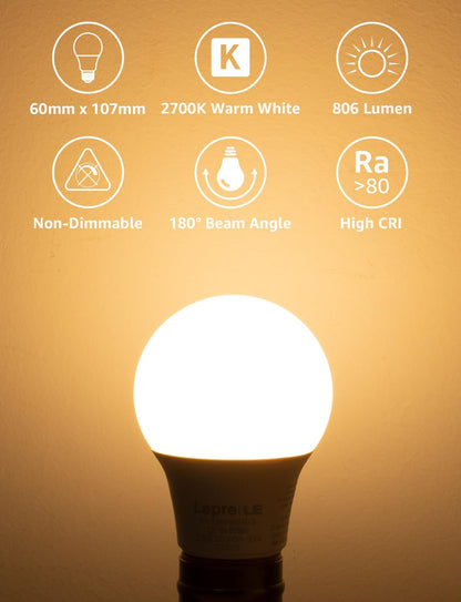 Lepro E27 LED Warmweiss Glühbirne, 8.5 Watt 806 Lumen LED Lampe E27, ersetzt 60W Halogenlampe, A60 Leuchtmittel, 2700 Kelvin Warmweiß, 160° Abstrahlwinkel Energiesparlampe, 6 Stück