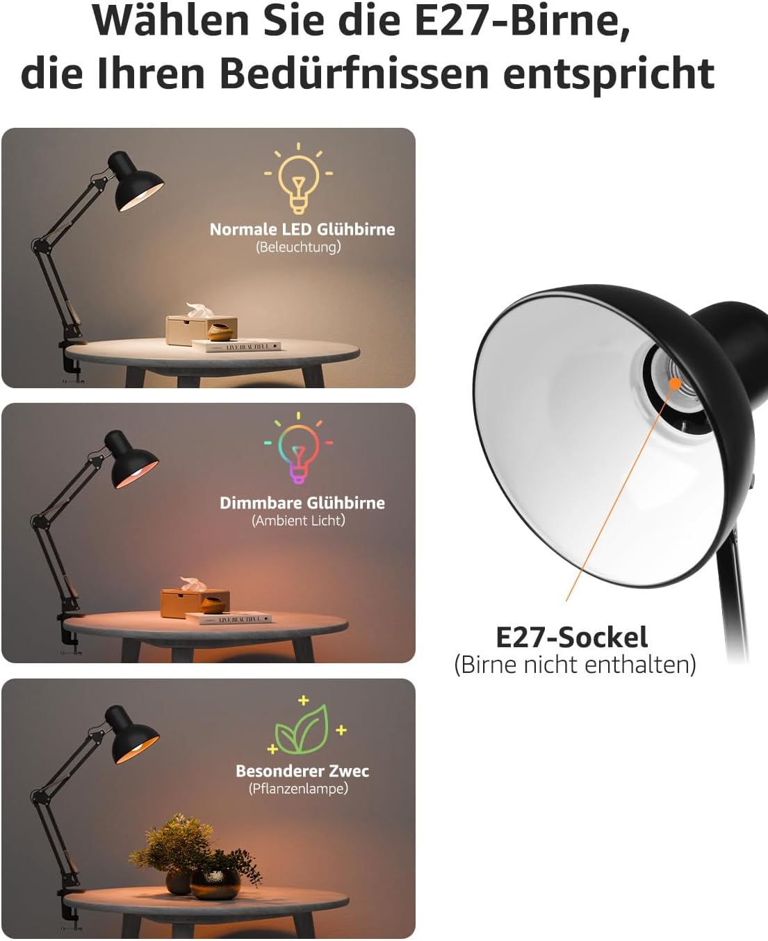 Lepro Schreibtischlampe Retro, Klemmbare Tischlampe E27, LED Büro Leselampe Nachttischlampe Verstellbare, Gelenk-Arm, schwenkbar, Tageslichtlampe Schreibtisch leuchte, HxBxT: 38 x 15 x 27cm, Schwarz