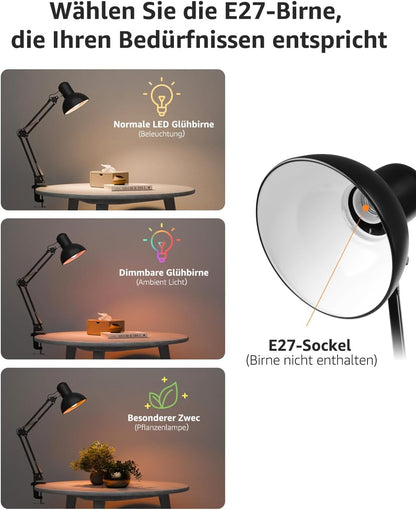 Lepro Schreibtischlampe Retro, Klemmbare Tischlampe E27, LED Büro Leselampe Nachttischlampe Verstellbare, Gelenk-Arm, schwenkbar, Tageslichtlampe Schreibtisch leuchte, HxBxT: 38 x 15 x 27cm, Schwarz