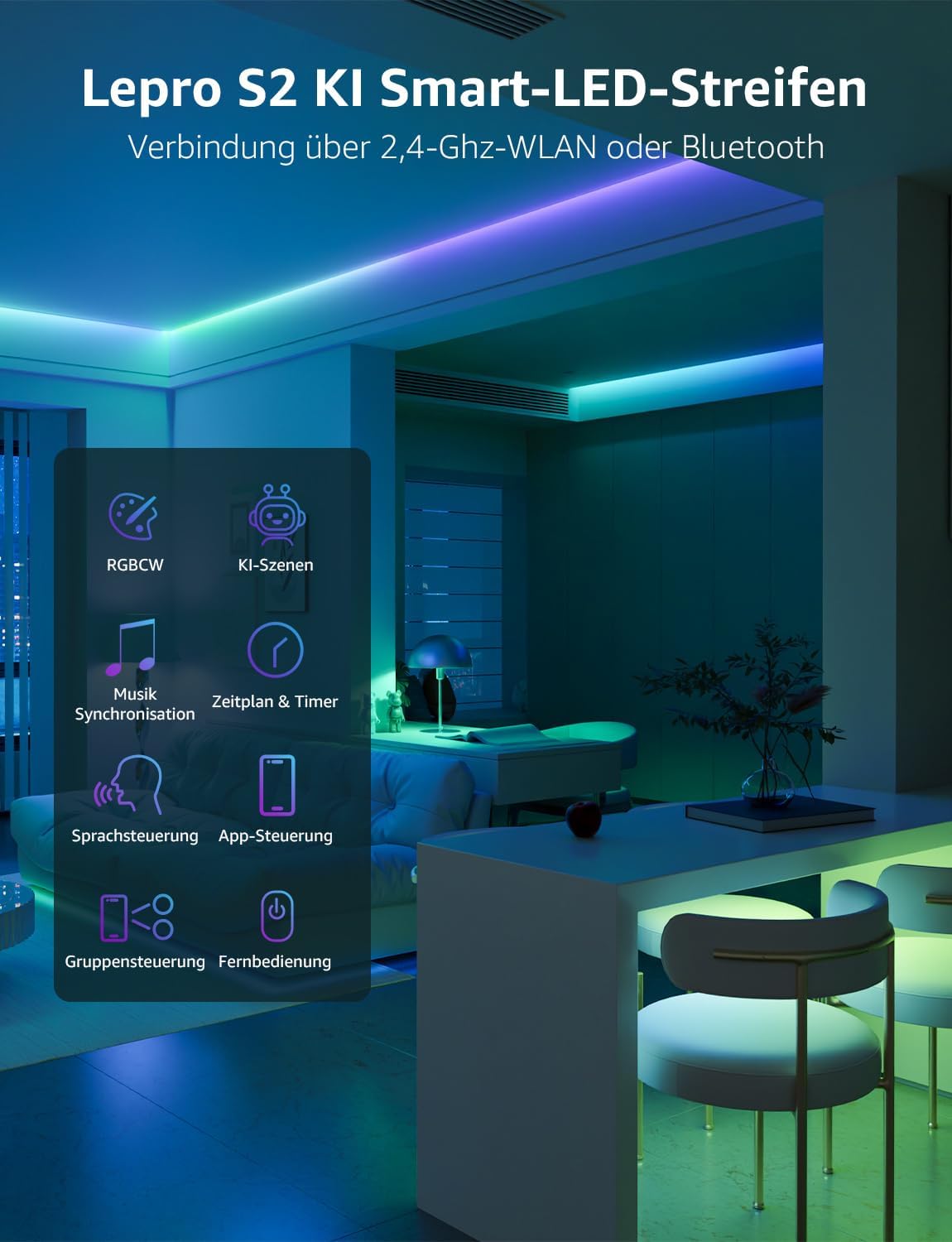 Lepro AI LED Streifen S2, 5M RGBCW LED Strip mit echtem Wei?licht, MagicColor RGBIC, Personalisierter KI-Lichtdesigner, Musik-Sync, Kompatibel mit Alexa & Google Assistant f¨¹r Gaming & Ambiente