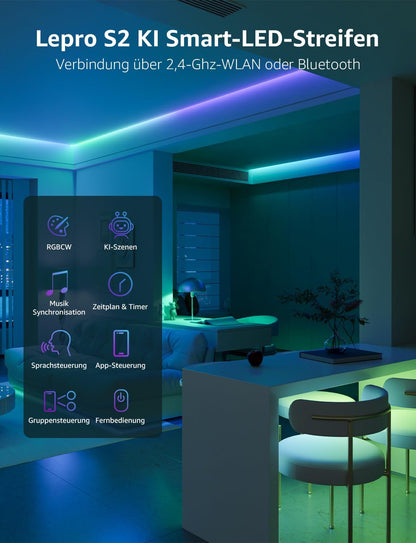 Lepro AI LED Streifen S2, 5M RGBCW LED Strip mit echtem Wei?licht, MagicColor RGBIC, Personalisierter KI-Lichtdesigner, Musik-Sync, Kompatibel mit Alexa & Google Assistant f¨¹r Gaming & Ambiente