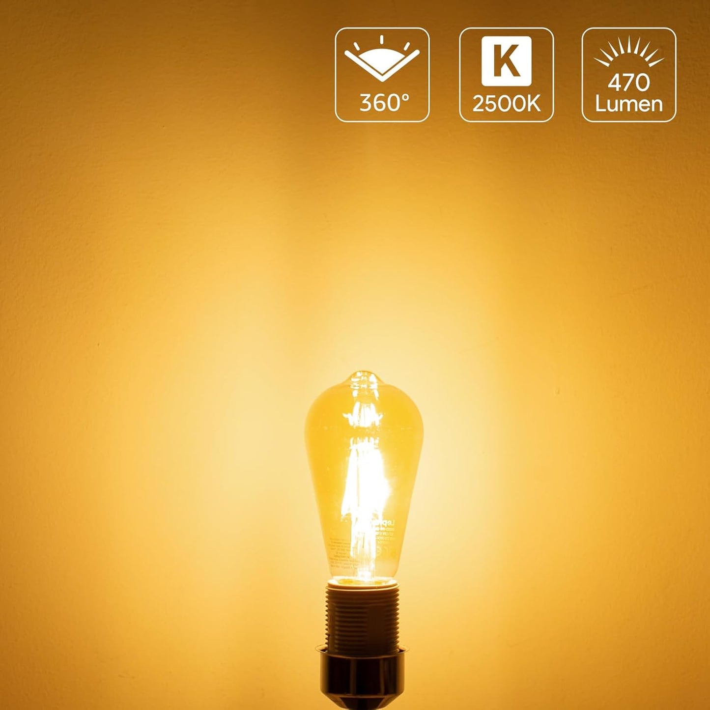 Lepro E27 LED Vintage Glühbirne, 4.8Watt 470 Lumen Birne, Ersetzt 40W ST64 Retro Lampe, 2500Kelvin Warmweiß E27 Retro Beleuchtung, 360° Led Filament, 6er Stück