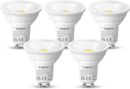 Lepro GU10 LED Kaltwei? 8W Lampe, 800 lm, 6500K Tageslichtwei?, 100¡ã Abstrahlwinkel, Nicht dimmbar, Energiesparendes GU10 LED Leuchtmittel f¨¹r B¨¹ro, Keller, Garage, Flur, Arbeitszimmer, 5 St¨¹ck