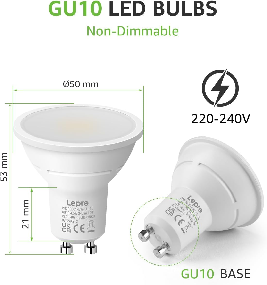 Lepro GU10 LED Kaltwei? Lampe 4.5W, 6500K, 345 Lumen, Ersetzt 50W Lampen, Nicht Dimmbar, 100¡ã Abstrahlwinkel, LED GU10 Kalweiss Reflektor Leuchtmittel, 10er Pack