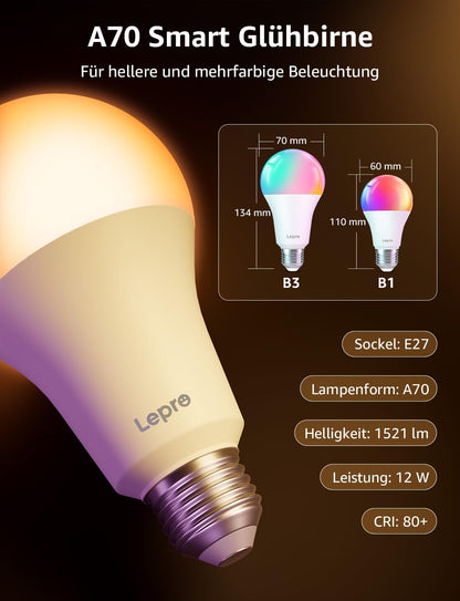 Lepro Al Smart Glühbirne B3, E27 WLAN/Bluetooth Smart Bulb 1521lm Dimmbar, Foto-zu-Licht, Personalisierter KI-Lichtdesigner, Sprachsteuerung/Musik Sync, Kompatibel mit Alexa/Google Assistant, 2 Stück
