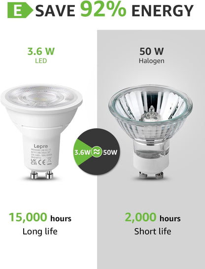 Lepro GU10 LED Kaltwei? Lampe 3.6W, 6500K, 345 Lumen, 38¡ã Spot, CRI>80, Nicht dimmbar, Energiesparend >92%, LED Reflektorlampe, Ersatz f¨¹r 50W Lampen, 10er Pack