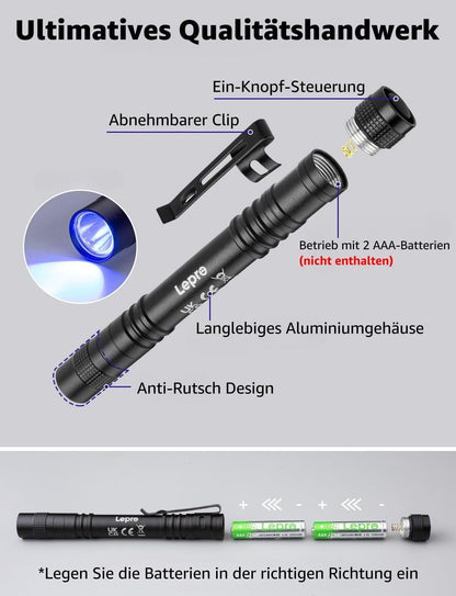 Lepro UV Taschenlampe, 365nm UV Lampe mit Clip, Batteriebetrieben Schwarzlicht Taschenlampe, Vielseitig & Tragbar Bernstein Lampe für Lecksuche, Haustierurin und Falschgeld-Erkennung