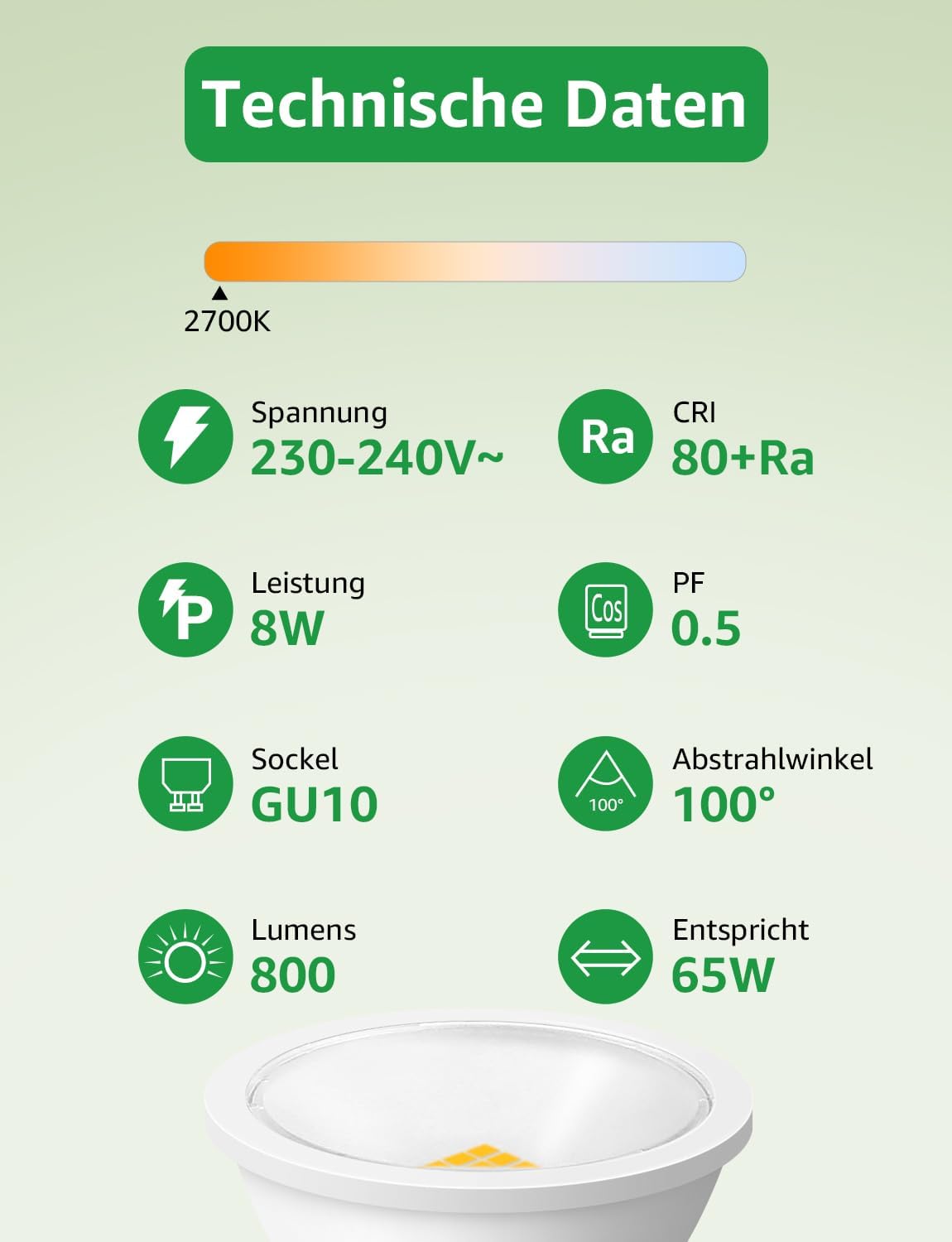 Lepro GU10 LED Warmweiss 8W Lampe, 800 lm, 2700K Warmwei?, 100¡ã Abstrahlwinkel, Nicht dimmbar, Energiesparendes GU10 LED Leuchtmittel f¨¹r Flur, Eingangsbereich, Wohnzimmer, Schlafzimmer, 5 St¨¹ck