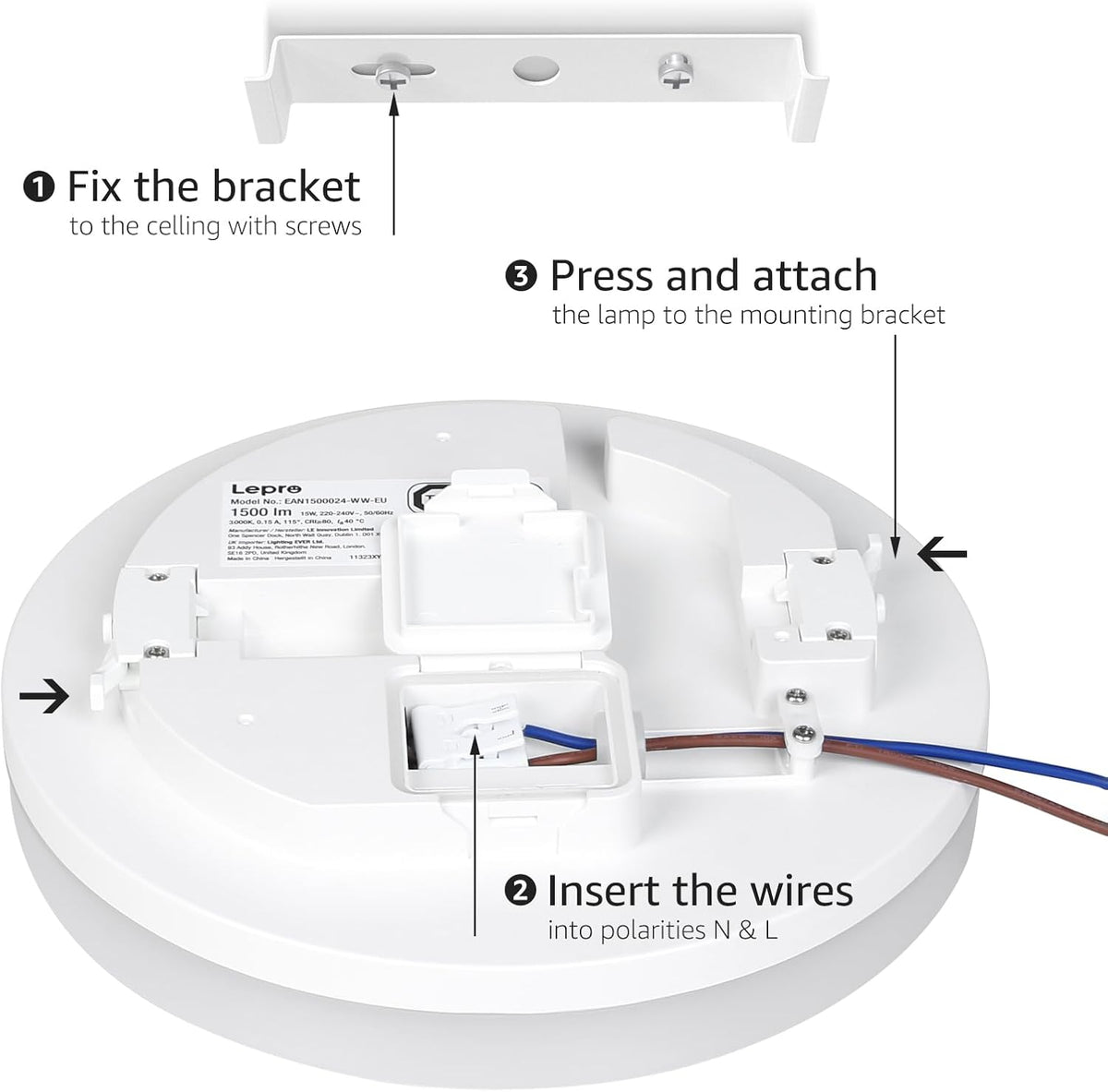 LE Deckenlampe 15W, LED Deckenleuchte IP54 Wasserfest, 3000K 1500LM Badezimmer Lampe, Rund Badlampe Decke, ideal für Bad Schlafzimmer Flur Küche Wohnzimmer Balkon, Kaltweiß, Ø22cm