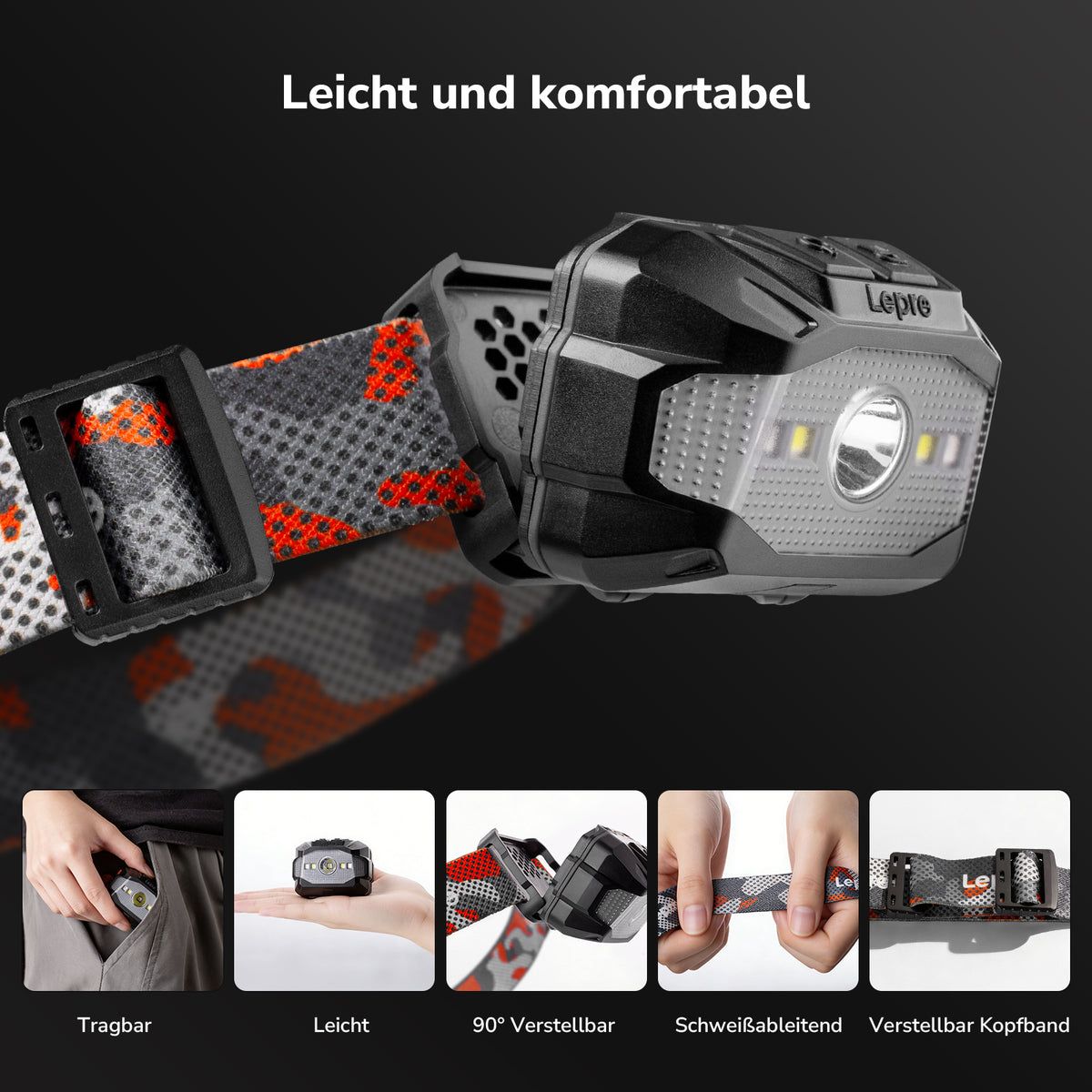 Lepro 3W Stirnlampe LED Wiederaufladbar, Doppelte Stromversorgung Kopflampe mit USB-C und 3 AAA (Nicht Enthalten), 10 Modi & Rotlicht, IPX4 Wasserdicht, Leicht Stirnlampen Ideal für Camping