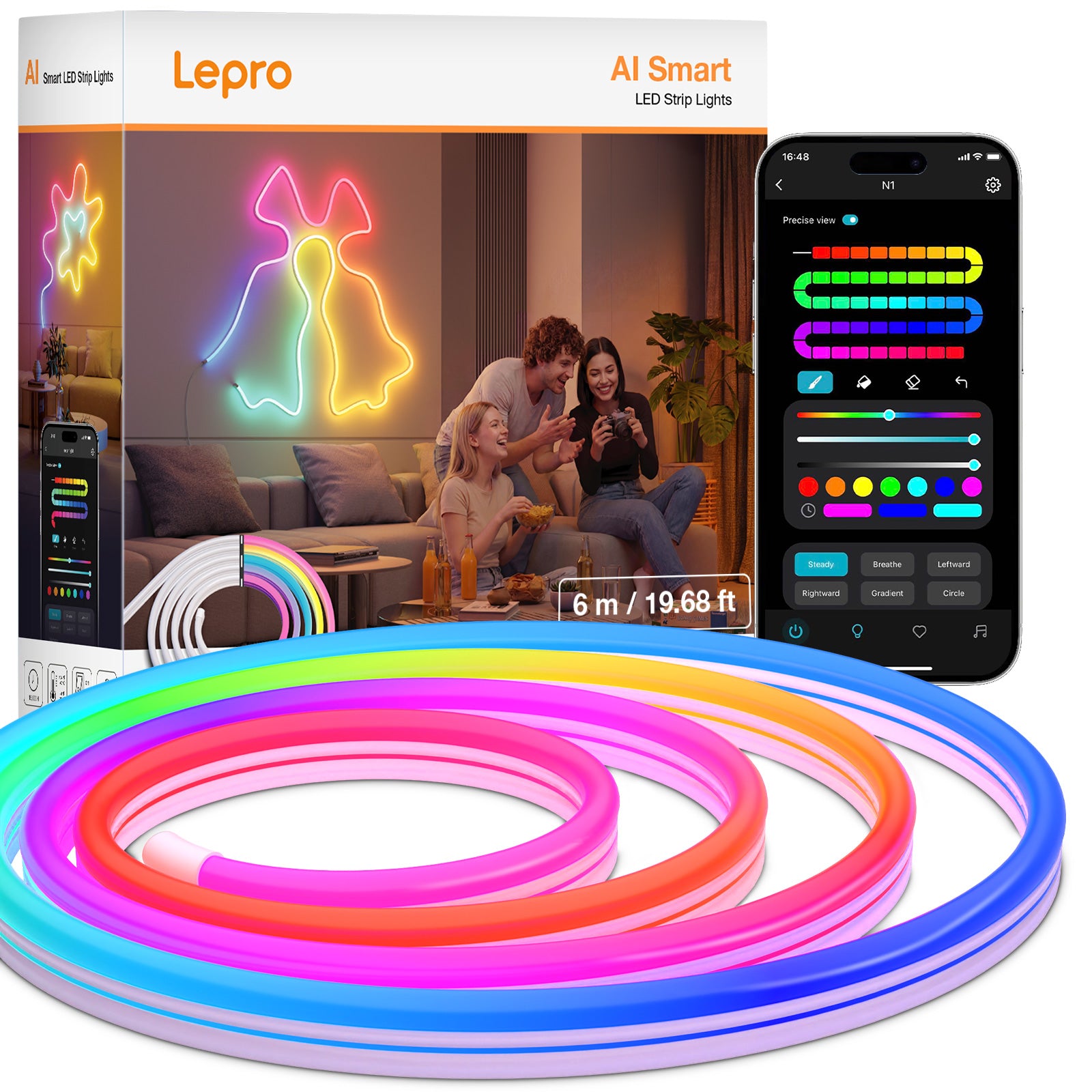 Lepro Neon AI LED Strip 6m, RGB LED Streifen mit App-, Musik- und Sprachsteuerung, kompatibel mit Alexa & Google Assistant, für Wohnzimmer, Gaming, Party, Wanddeko, Personalisierter KI-Lichtdesigner