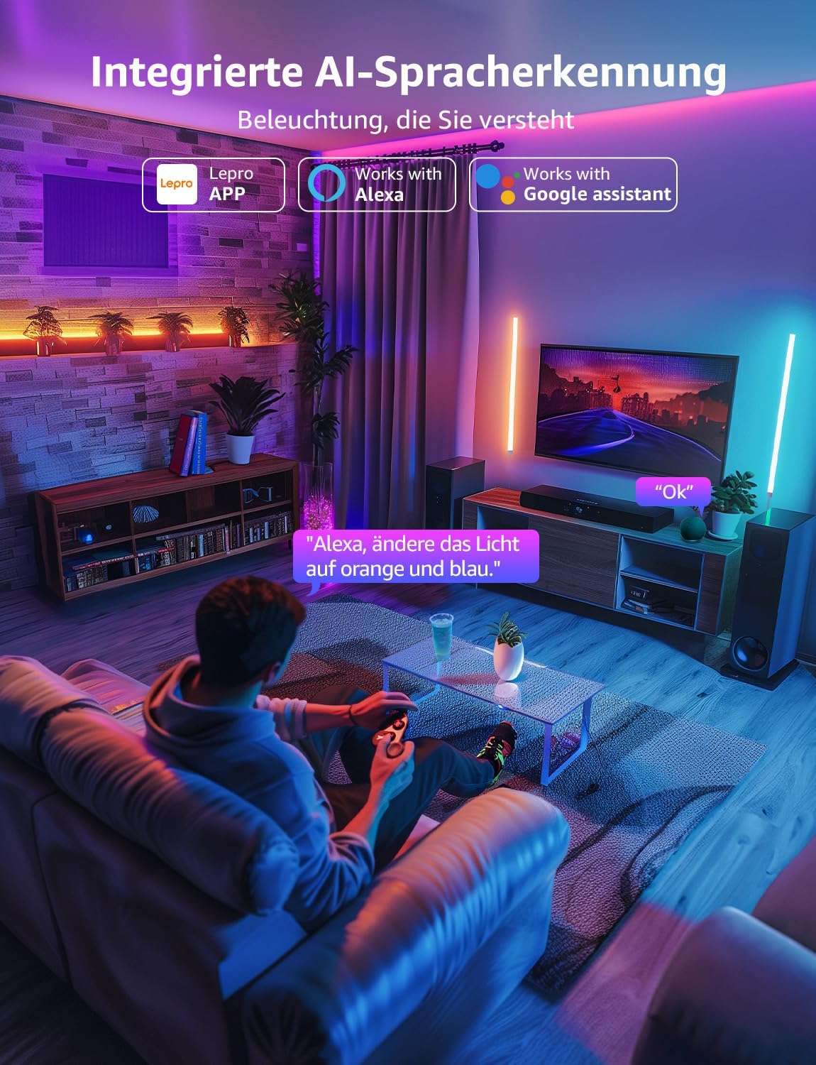 Lepro AI Glide Wall Light WL1, Wandleuchte mit Eingebautes Spracherkennung, Musik Sync, unterstützt Alexa & Google Assistant, KI-Lichtdesign-Assistent für Gaming Party Wand Deko, 8 Stück und 4 Ecke